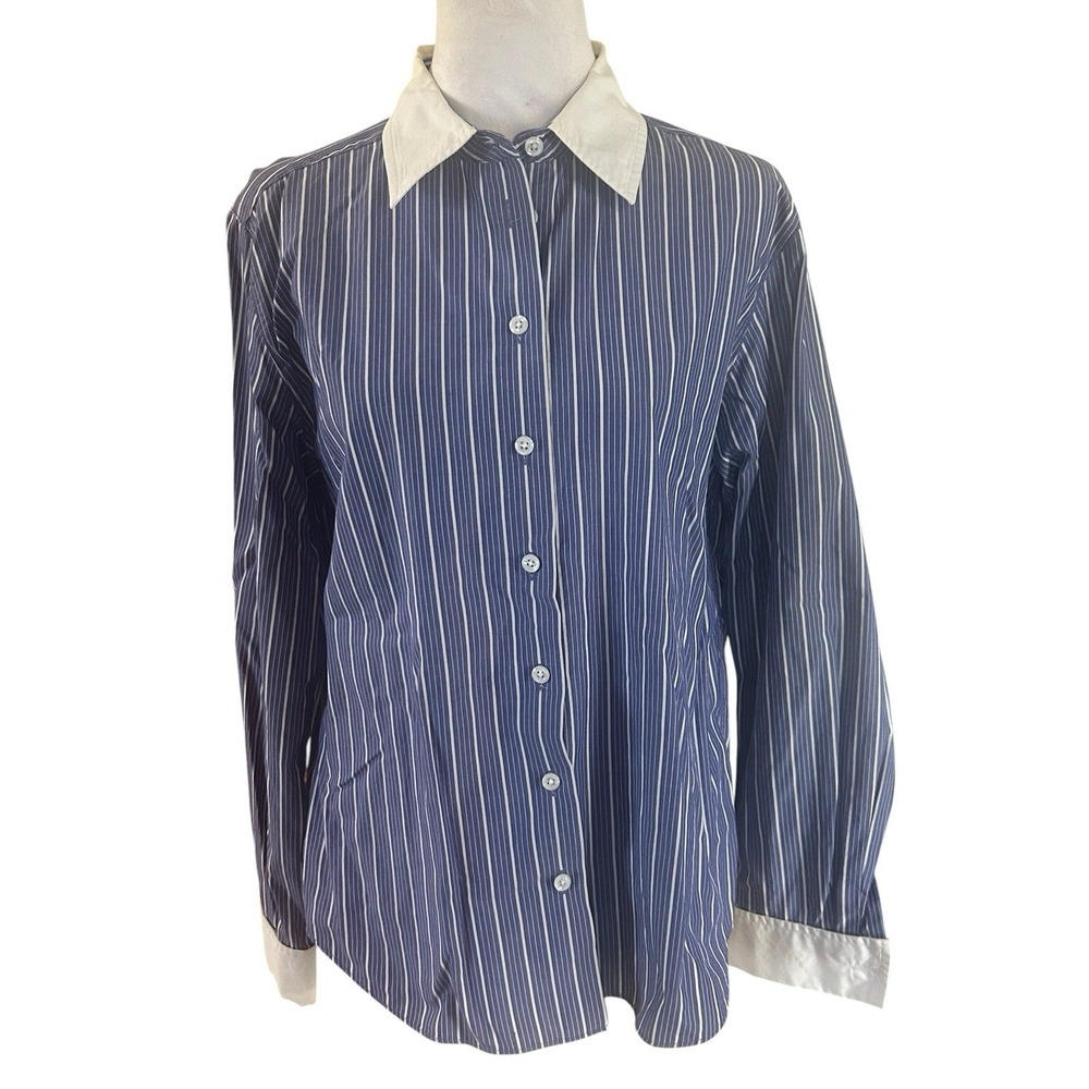Talbots Vintage Blue Striped Shirt Contrast Collar & Cuffs SZ 12